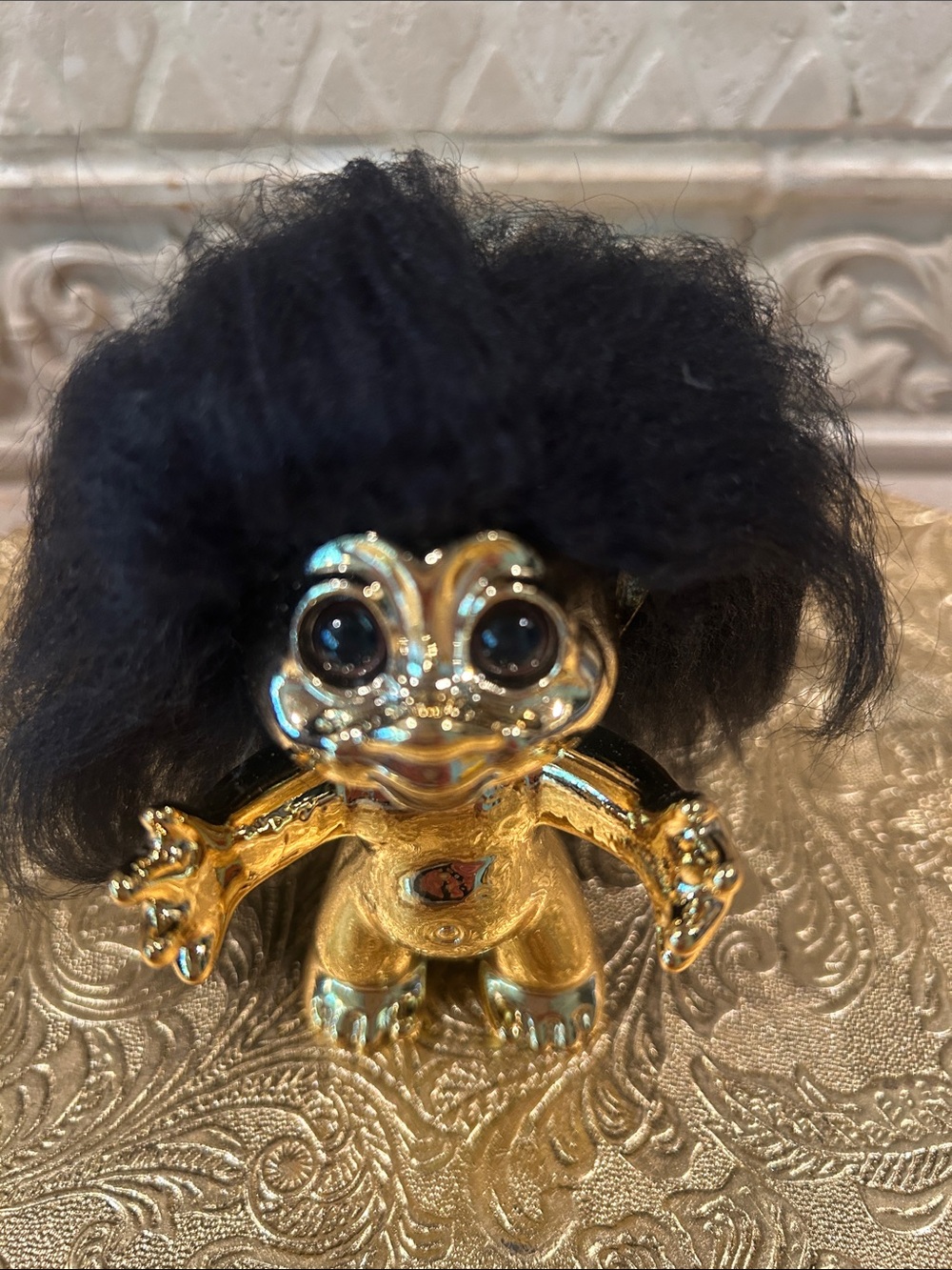 NIB Lykke Good Luck Gold Metallic Troll Figurine with Black Hair